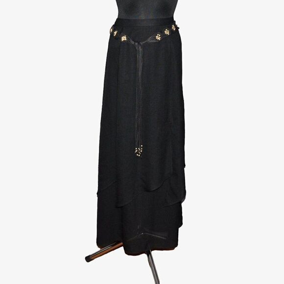 Vintage Layered Black Tiered Maxi Skirt w/ Beaded Belt Sz 12 - Picture 1 of 8